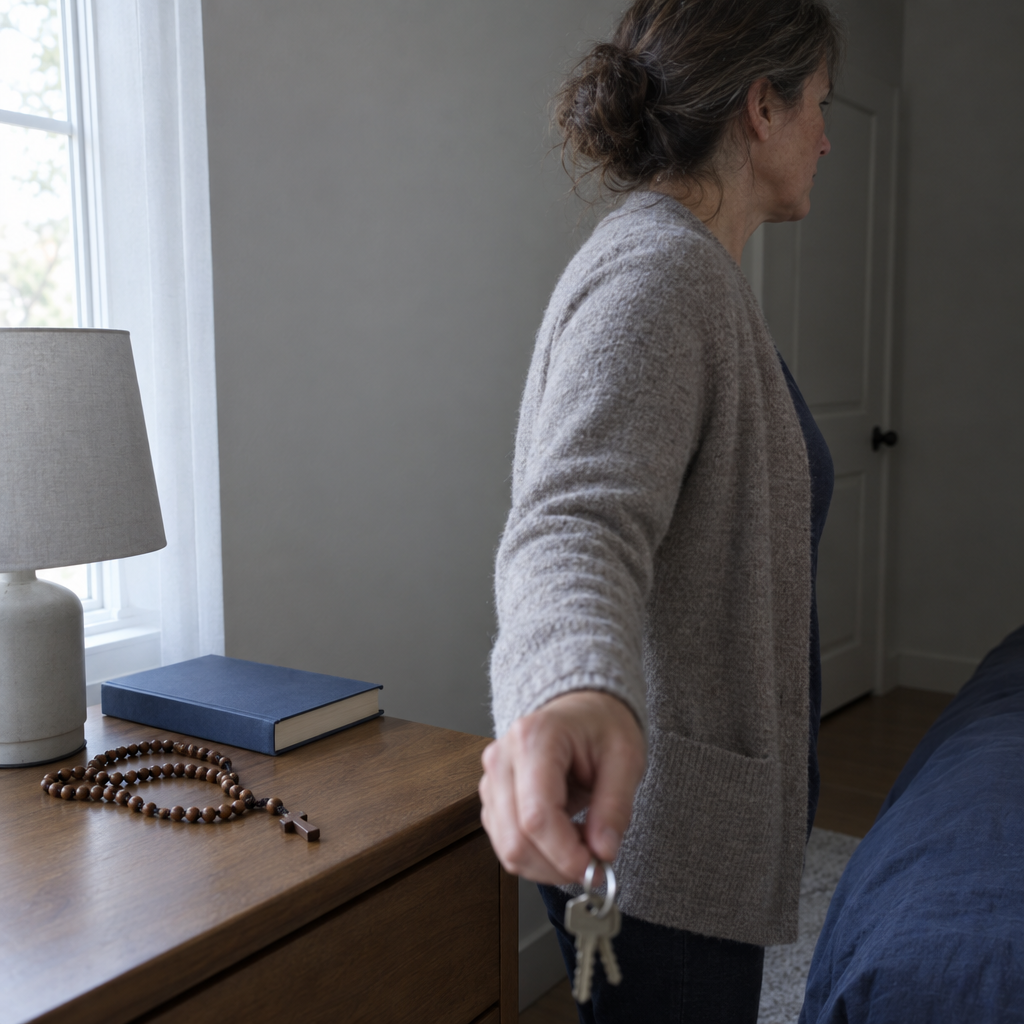 A full-length rosary left on a bedroom nightstand in morning light