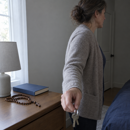 A full-length rosary left on a bedroom nightstand in morning light