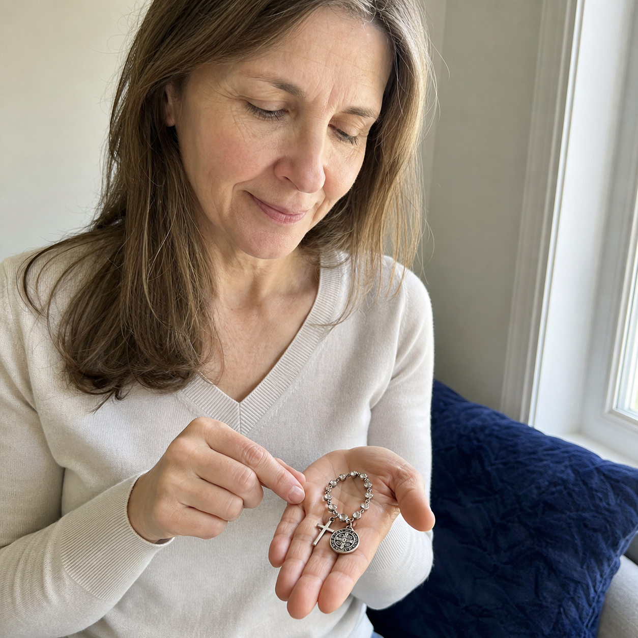 A woman by a window holding her keys with the one-decade rosary clipped on